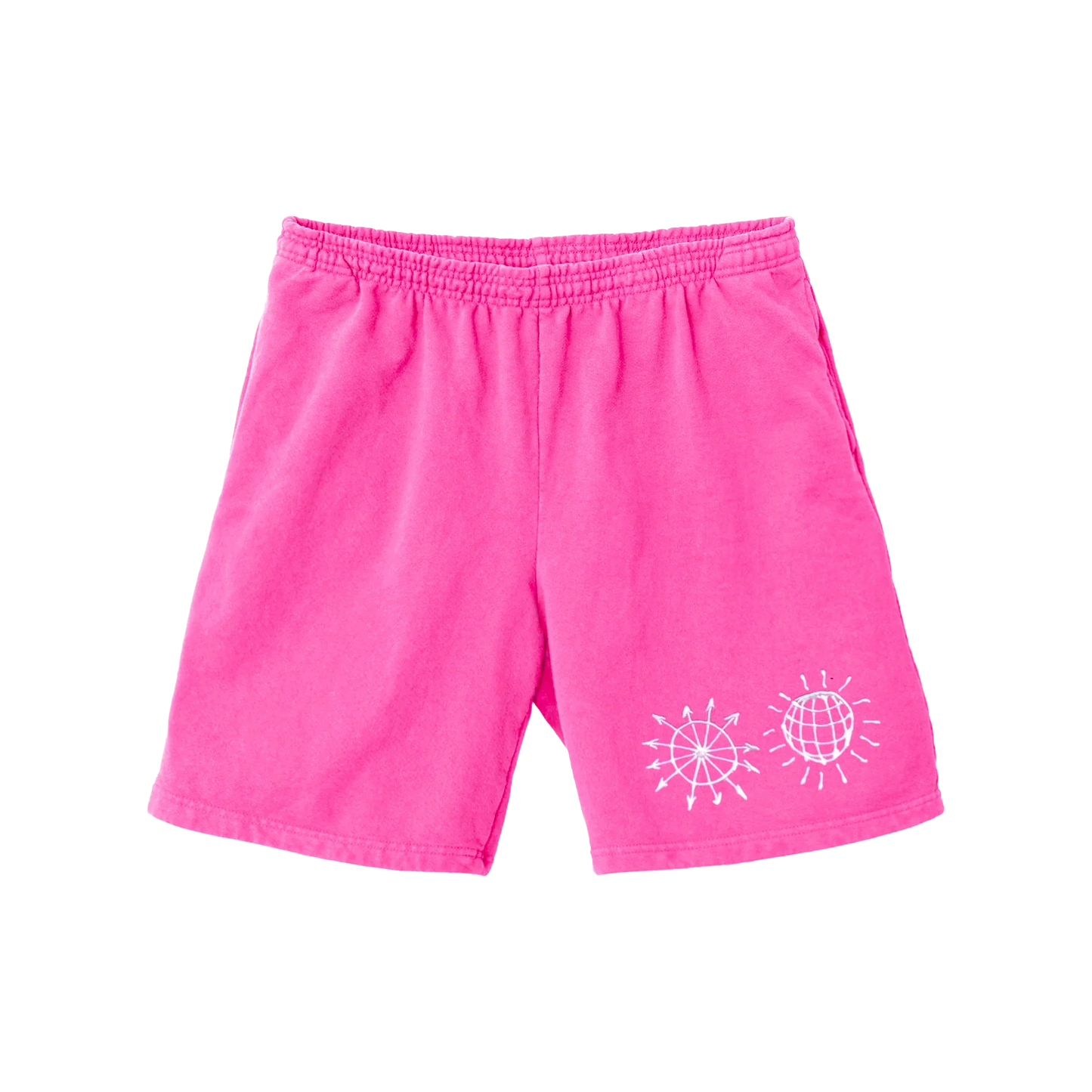 Bright pink Harry Styles All The Time shorts with white disco globe graphics and relaxed casual fit for summer wear