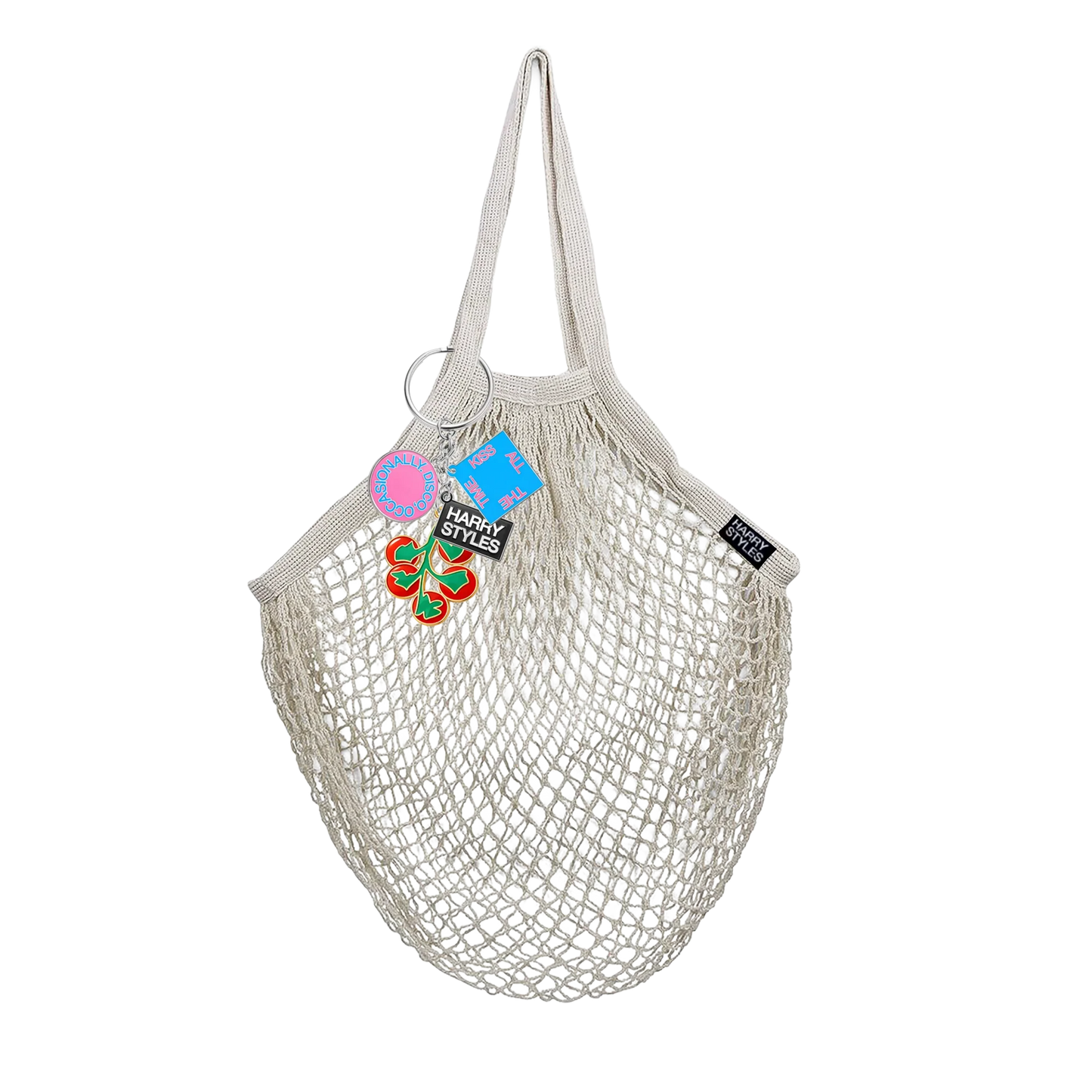 Harry Styles mesh grocery bag with colorful disco themed charms tomato key chain and reusable eco friendly market tote design