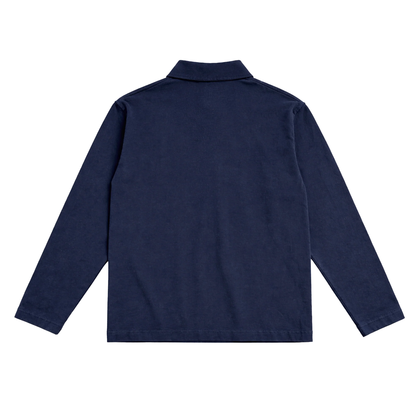 Back view of navy blue Harry Styles KATTDO embroidered rugby long sleeve shirt with clean minimal design
