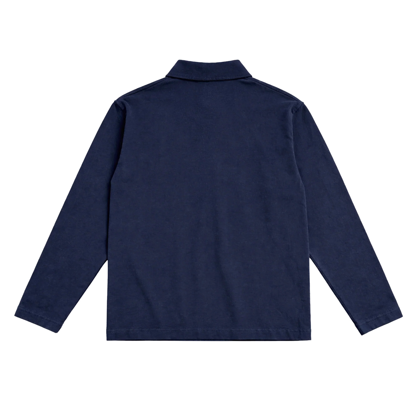 Back view of navy blue Harry Styles KATTDO embroidered rugby long sleeve shirt with clean minimal design