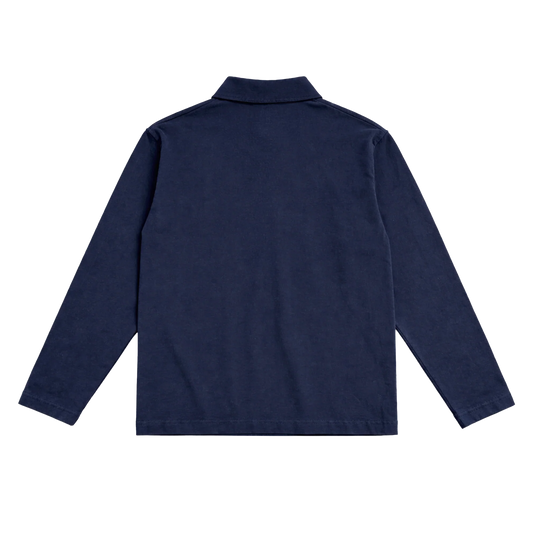 Back view of navy blue Harry Styles KATTDO embroidered rugby long sleeve shirt with clean minimal design