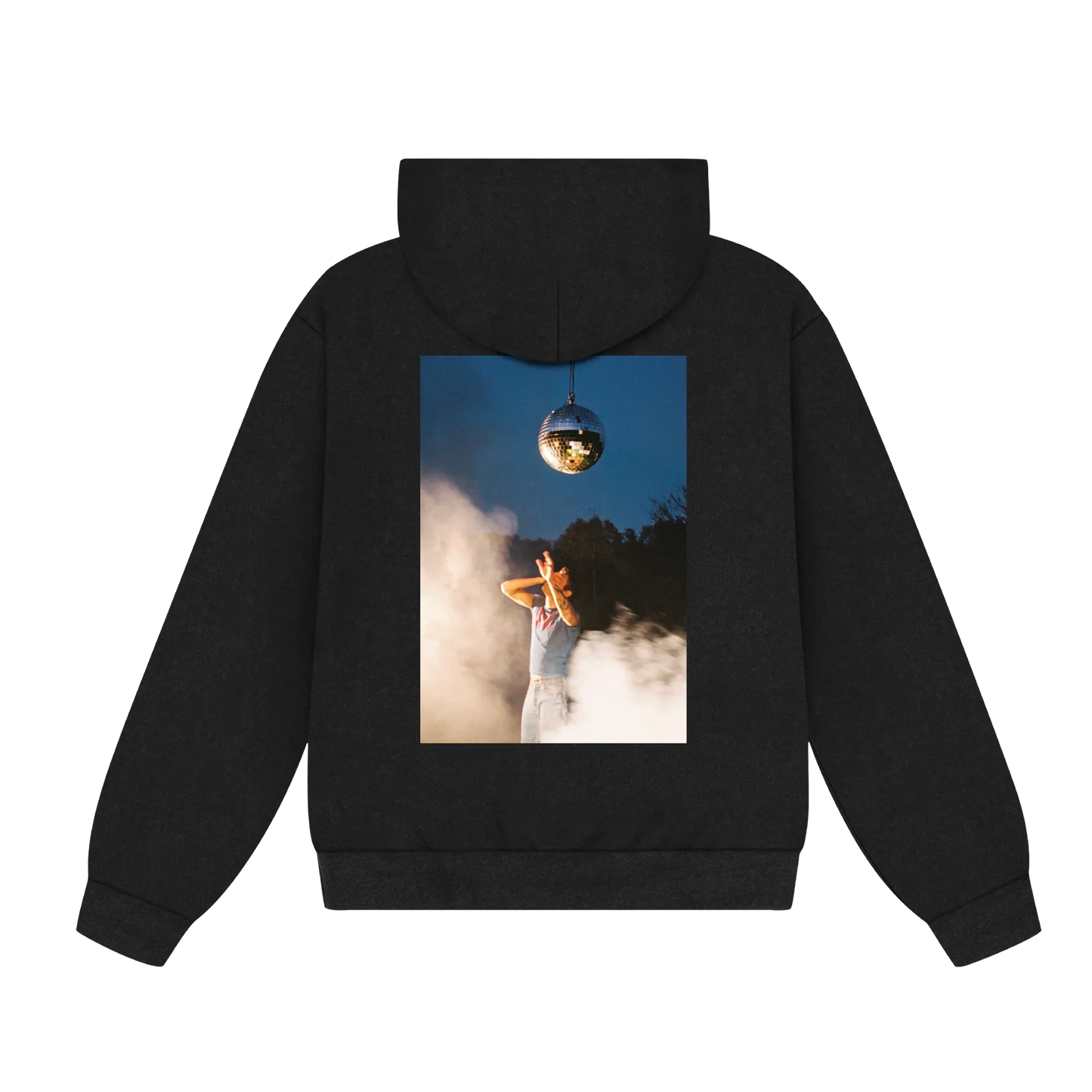 Black Harry Styles official merch hoodie with disco ball performance photo artwork in cinematic back view