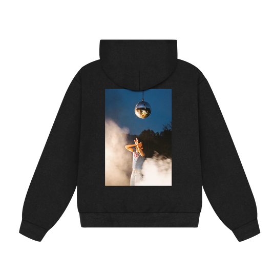 Black Harry Styles official merch hoodie with disco ball performance photo artwork in cinematic back view