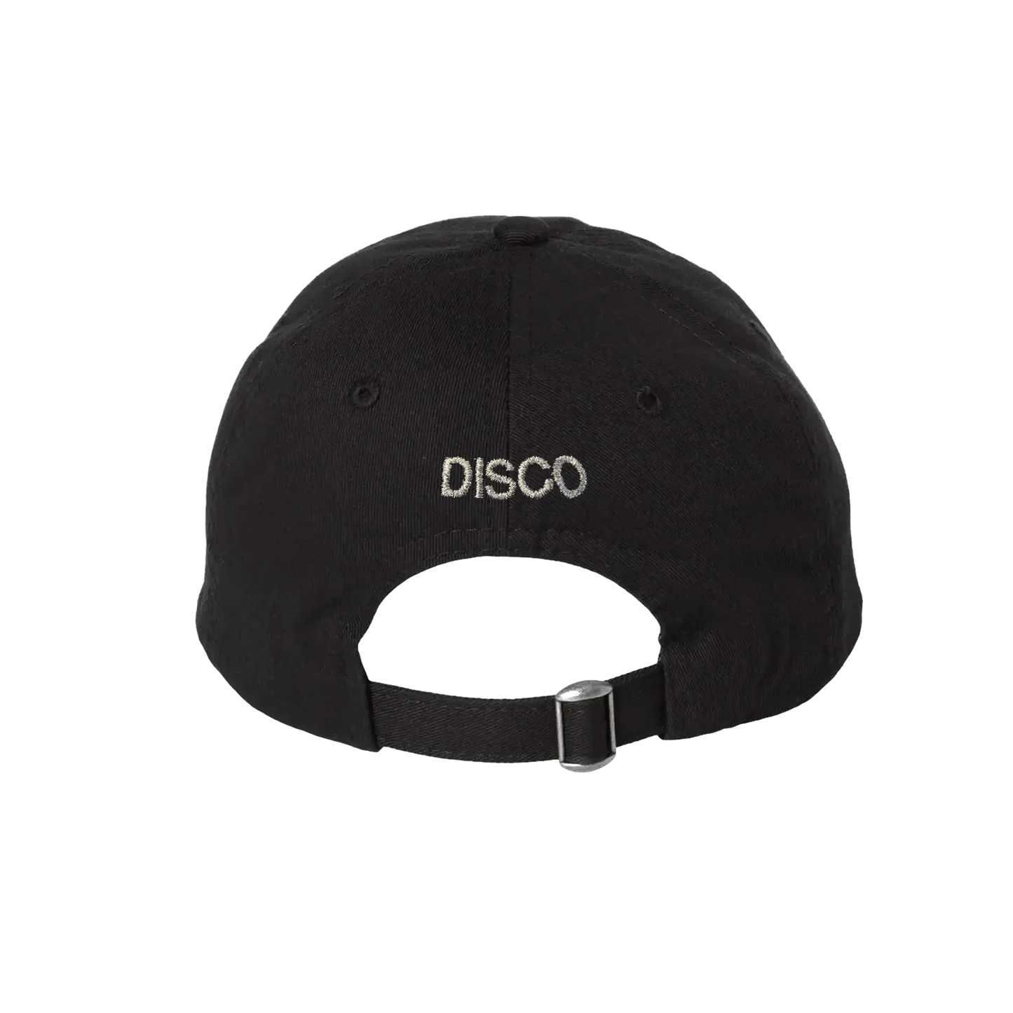 Back view of black Harry Styles KISS DISCO dad hat with embroidered disco text and adjustable buckle strap