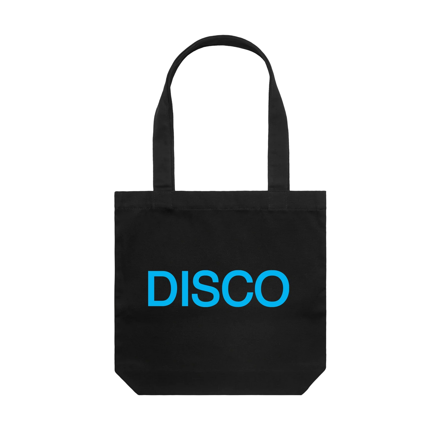Black Harry Styles disco-inspired tote bag with bright blue disco text graphic back view