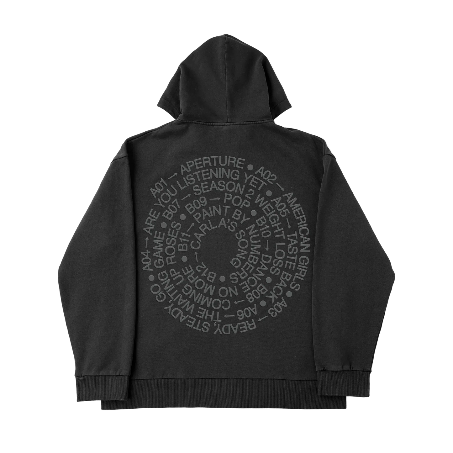 Black Harry Styles official merch zip hoodie with tonal circular tracklist artwork in premium vintage fashion back view