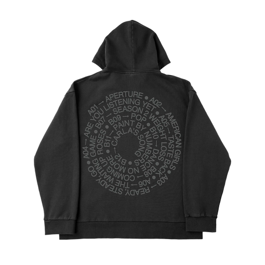 Black Harry Styles official merch zip hoodie with tonal circular tracklist artwork in premium vintage fashion back view