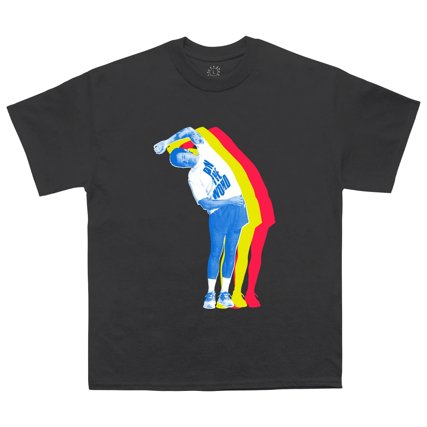 Black Harry Styles merch t shirt with colorful stretch silhouette graphic in vintage pop streetwear style front view
