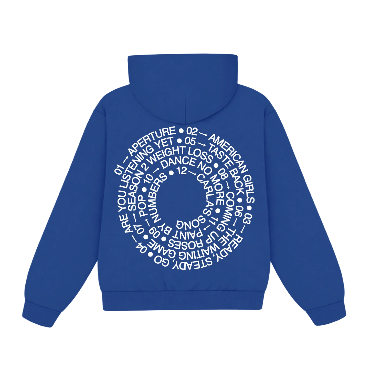 Blue Harry Styles official merch hoodie featuring circular album tracklist artwork in modern retro back view