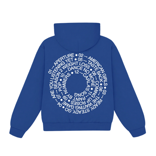 Blue Harry Styles official merch hoodie featuring circular album tracklist artwork in modern retro back view