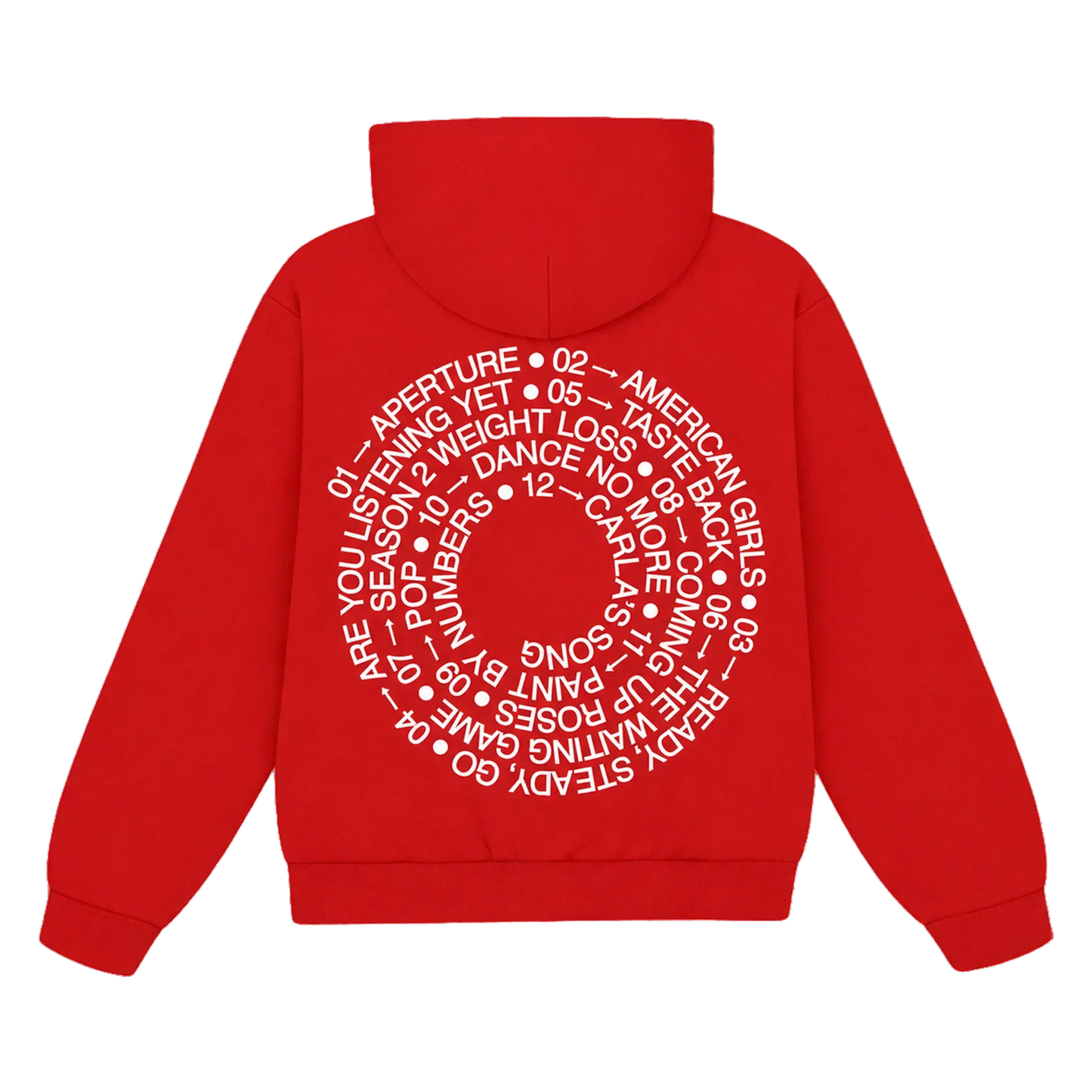 Red Harry Styles official merch hoodie featuring circular album tracklist artwork in vintage inspired back view