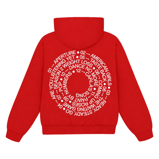 Red Harry Styles official merch hoodie featuring circular album tracklist artwork in vintage inspired back view