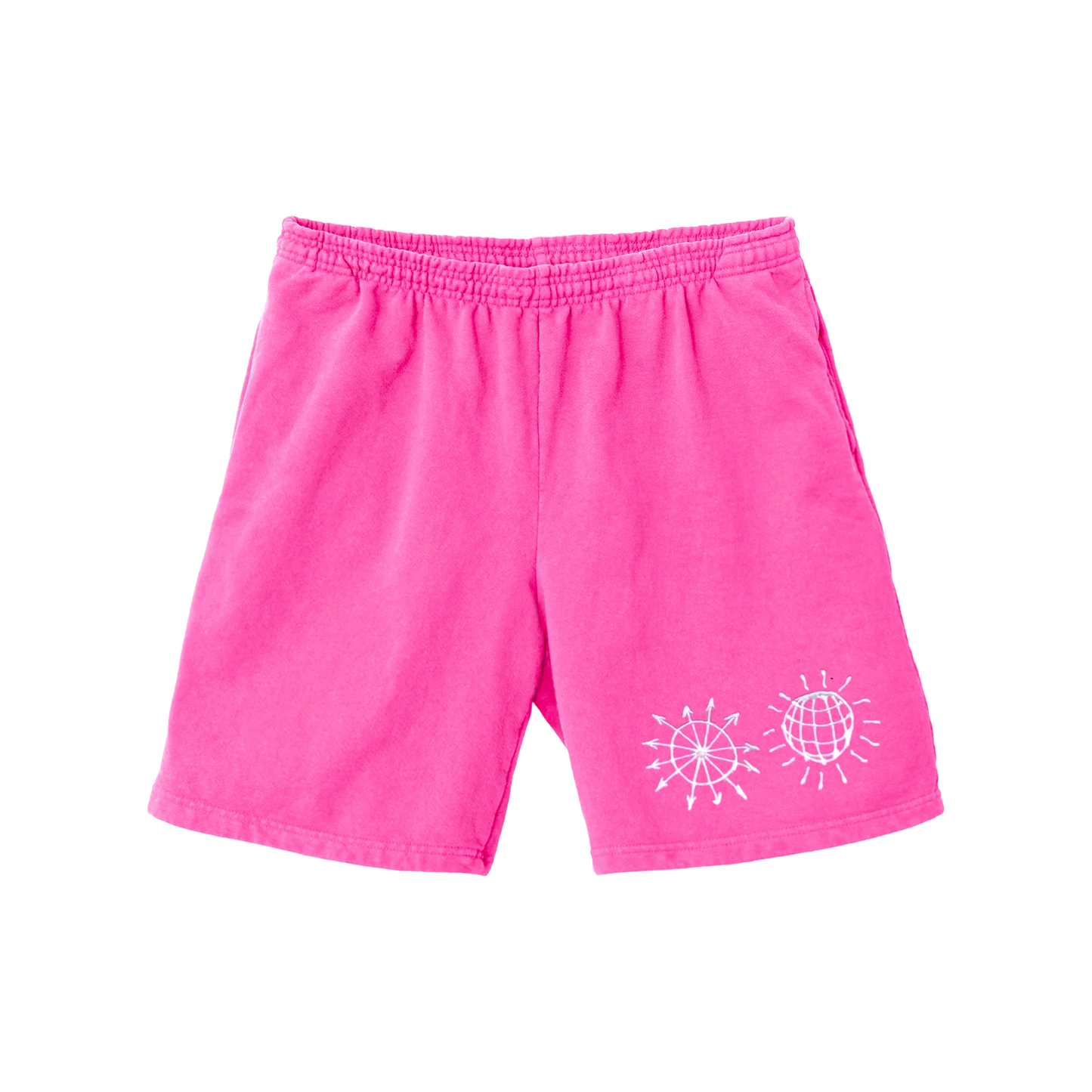 Bright pink Harry Styles All The Time shorts with white disco globe graphics and relaxed casual fit for summer wear