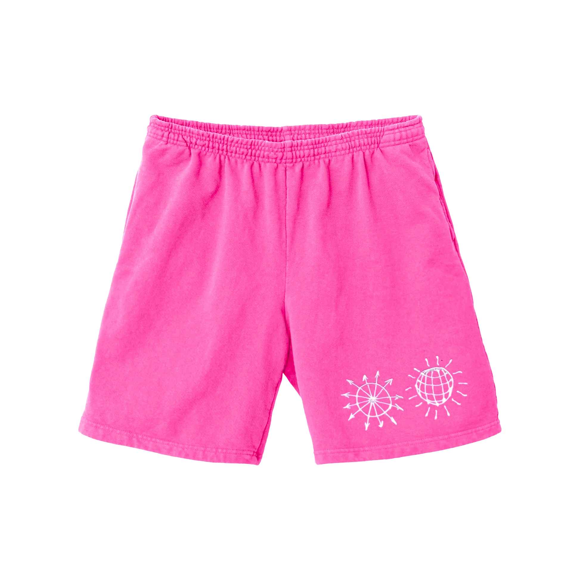 Bright pink Harry Styles All The Time shorts with white disco globe graphics and relaxed casual fit for summer wear
