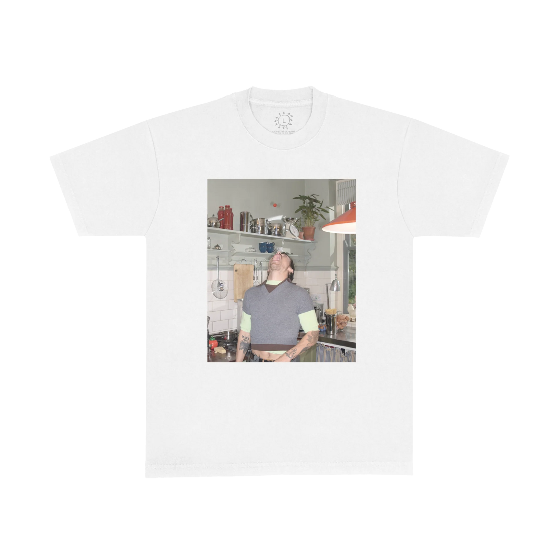 White Harry Styles t shirt featuring candid kitchen photo graphic in artistic vintage inspired front view