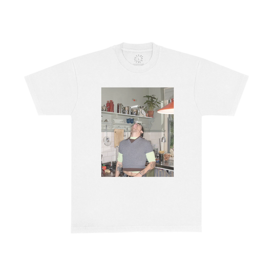 White Harry Styles t shirt featuring candid kitchen photo graphic in artistic vintage inspired front view
