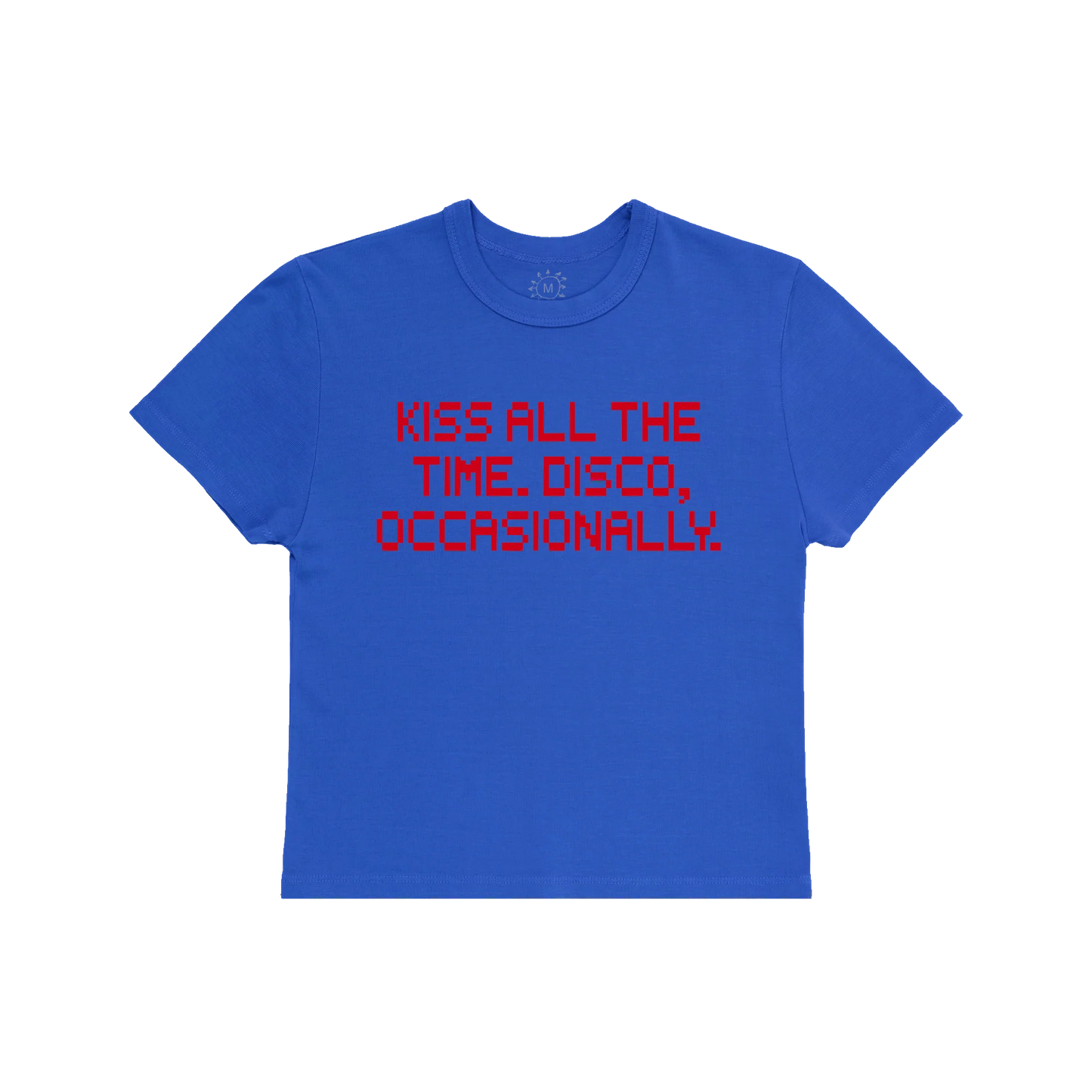Blue Harry Styles baby tee with Kiss All The Time Disco Occasionally pixel text graphic front view