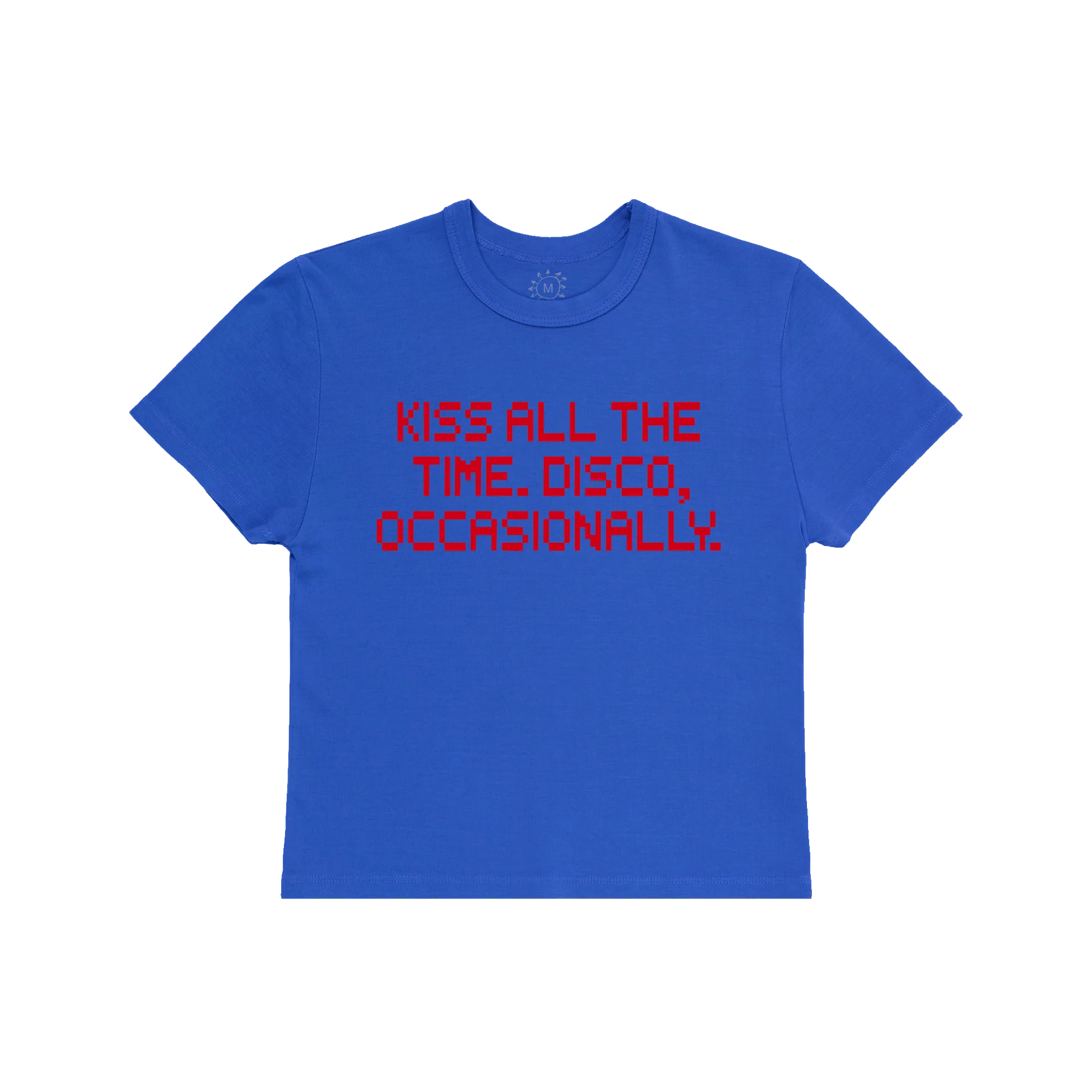 Blue Harry Styles baby tee with Kiss All The Time Disco Occasionally pixel text graphic front view