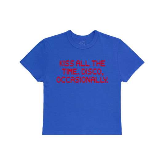 Blue Harry Styles baby tee with Kiss All The Time Disco Occasionally pixel text graphic front view