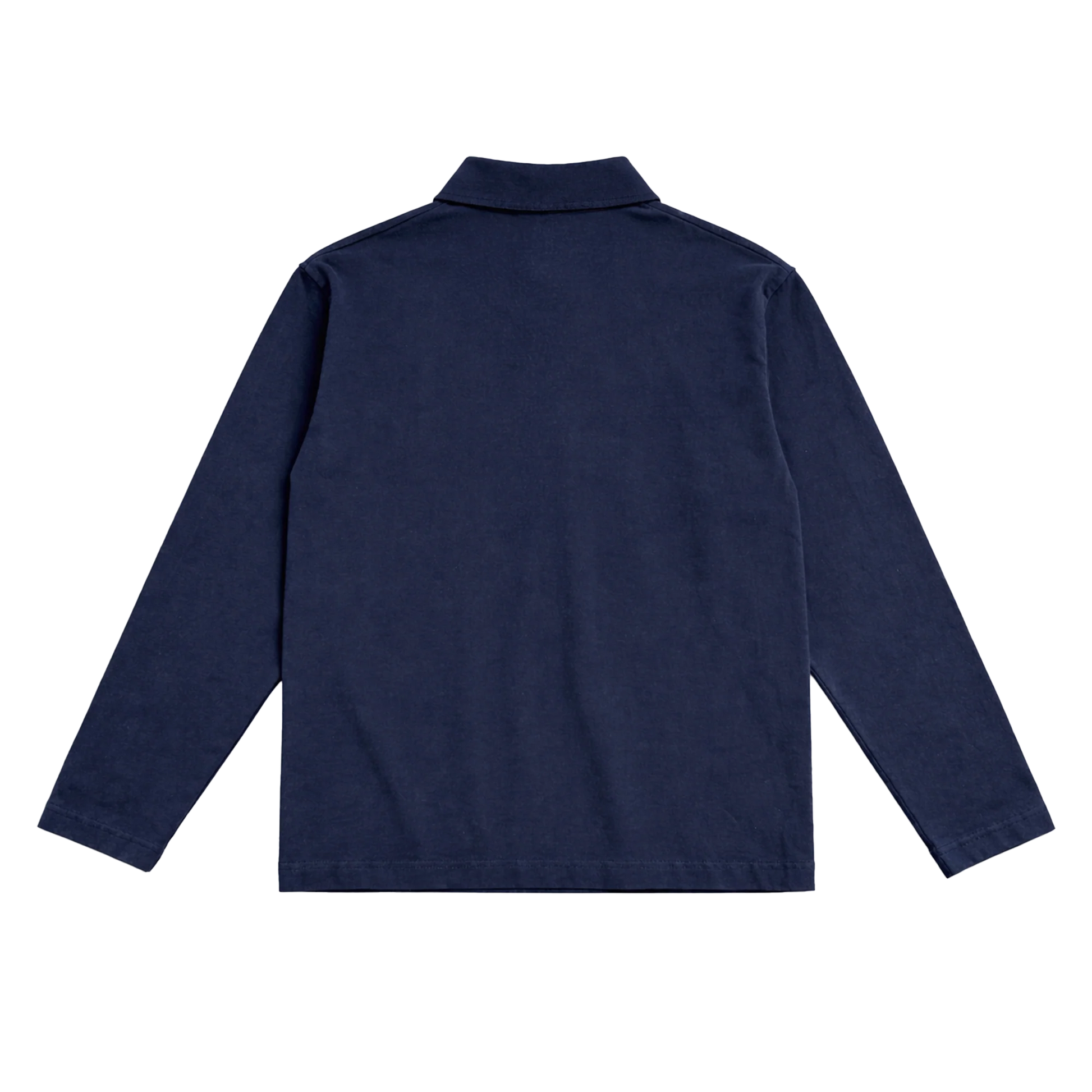 Back view of navy blue Harry Styles KATTDO embroidered rugby long sleeve shirt with clean minimal design