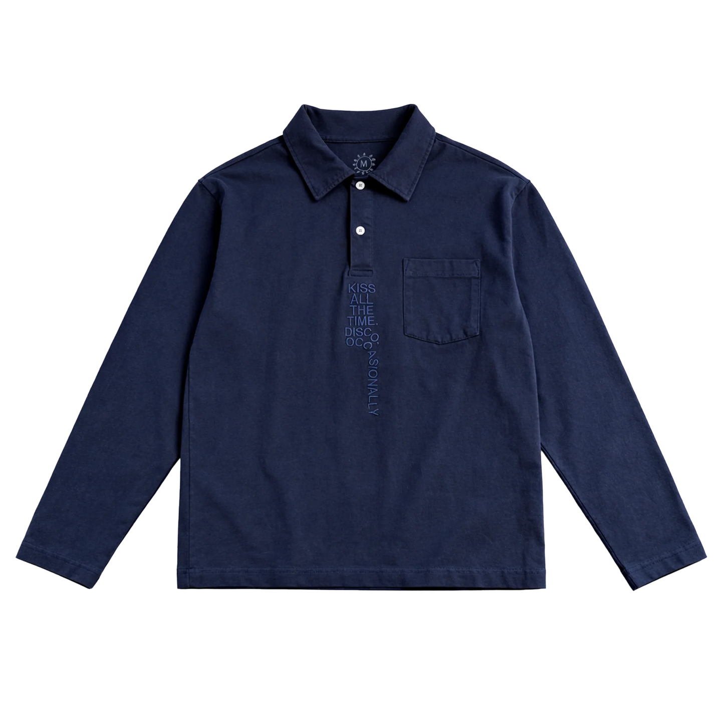 Front view of navy blue Harry Styles KATTDO embroidered rugby shirt with collar pocket and kiss all the time disco occasionally embroidery