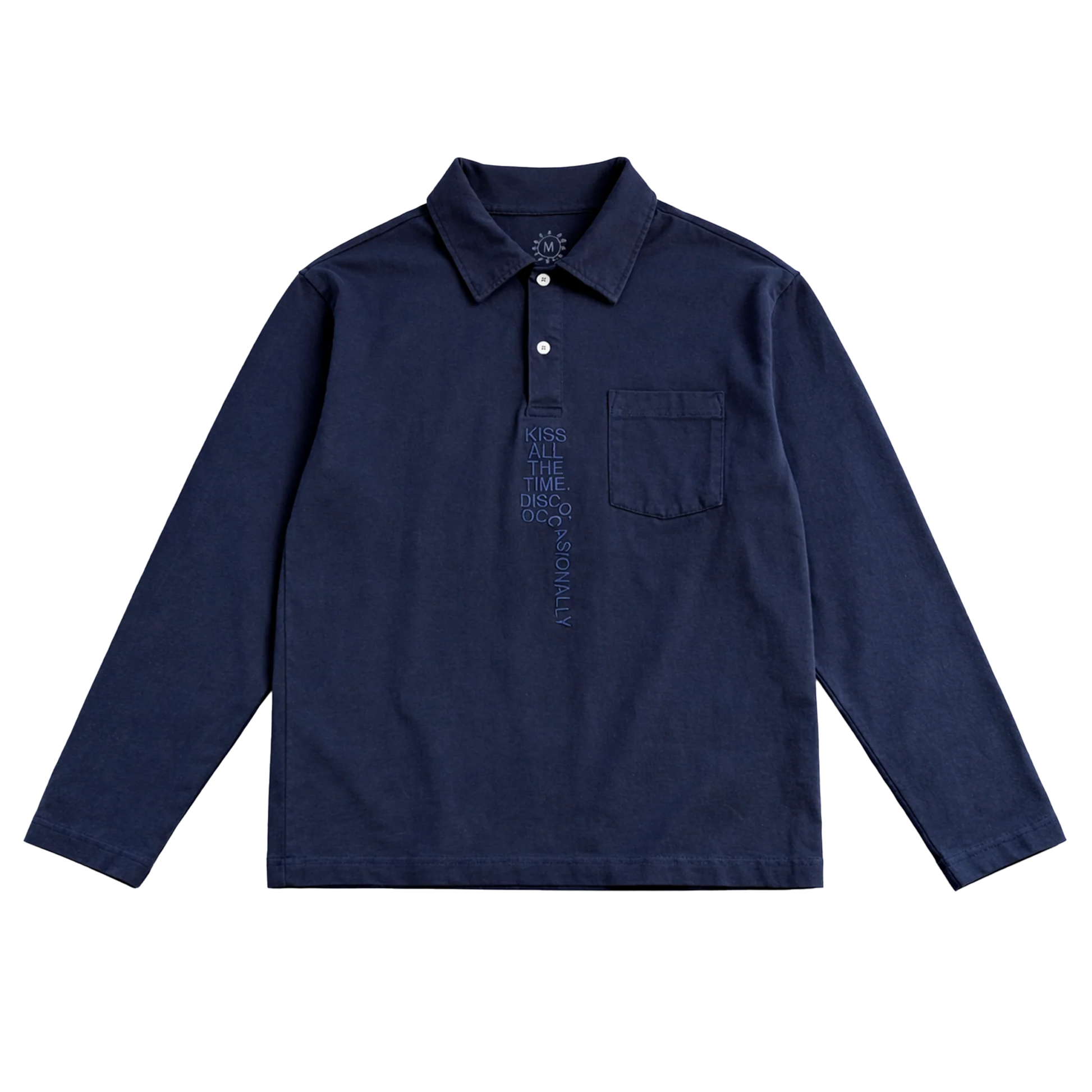Front view of navy blue Harry Styles KATTDO embroidered rugby shirt with collar pocket and kiss all the time disco occasionally embroidery