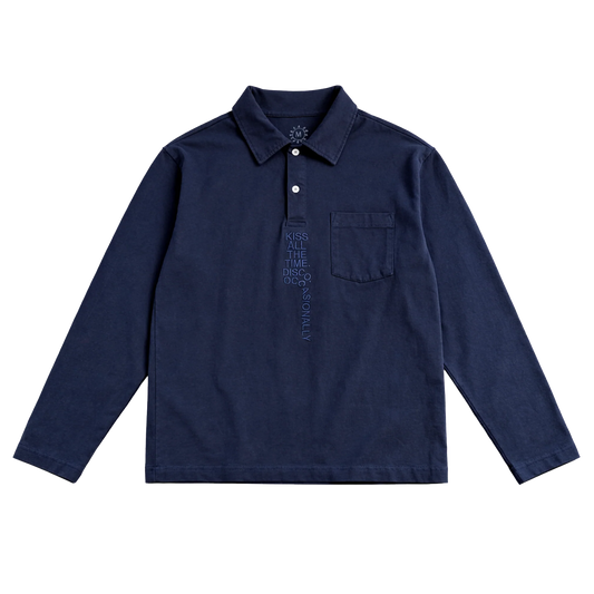 Front view of navy blue Harry Styles KATTDO embroidered rugby shirt with collar pocket and kiss all the time disco occasionally embroidery