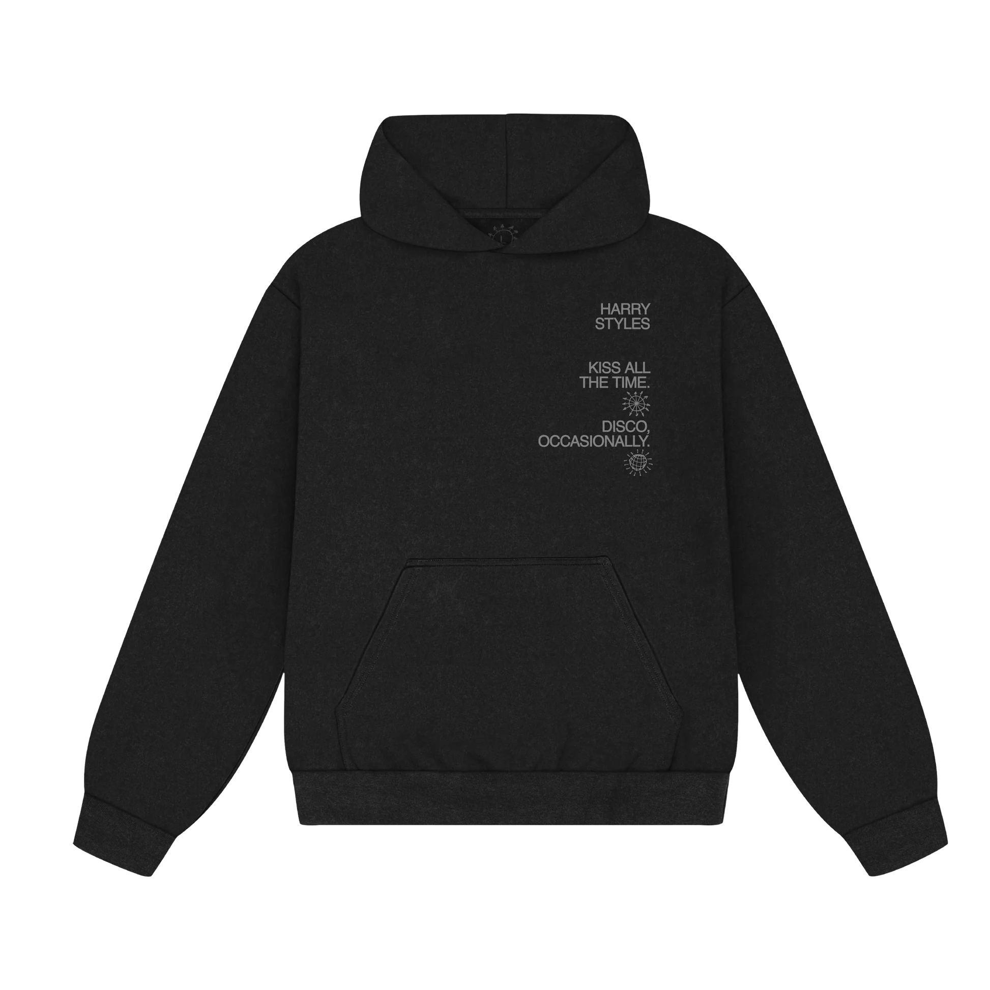Black Harry Styles hoodie with Kiss All The Time Disco Occasionally graphic in minimalist luxury streetwear front view