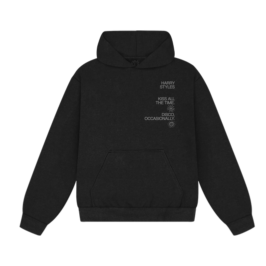 Black Harry Styles hoodie with Kiss All The Time Disco Occasionally graphic in minimalist luxury streetwear front view