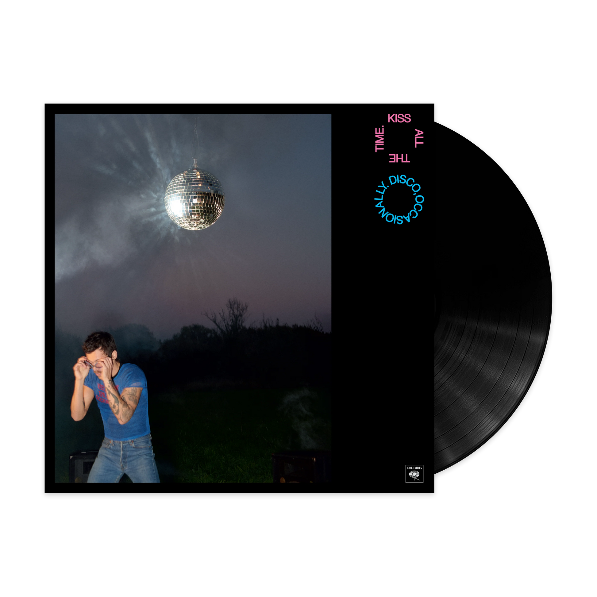 Harry Styles Kiss All The Time black vinyl album cover with disco ball artwork and retro pop aesthetic front view