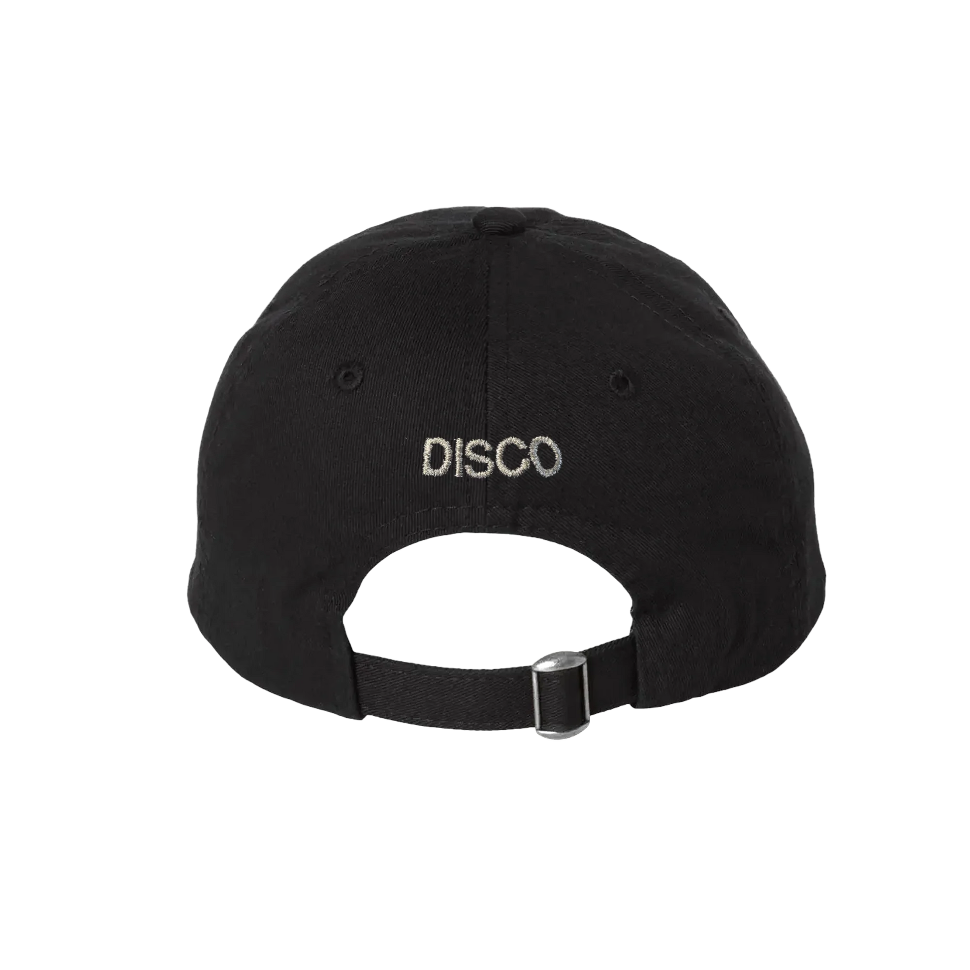 Back view of black Harry Styles KISS DISCO dad hat with embroidered disco text and adjustable buckle strap