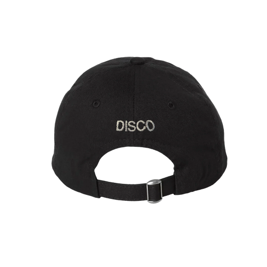 Back view of black Harry Styles KISS DISCO dad hat with embroidered disco text and adjustable buckle strap