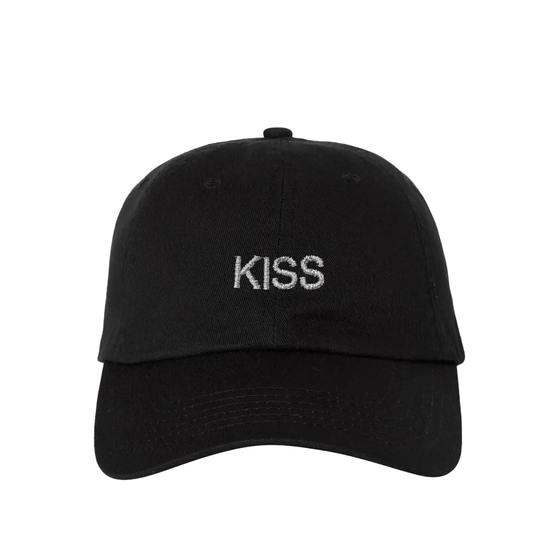 Black Harry Styles KISS DISCO baseball cap with embroidered white kiss logo and adjustable strap front view