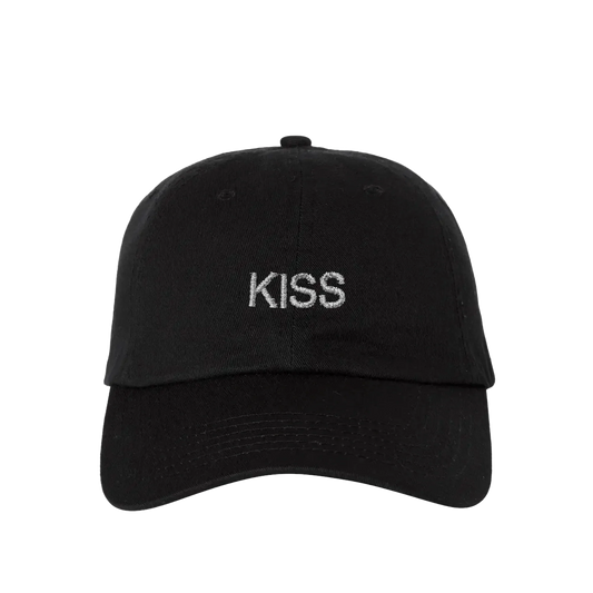 Black Harry Styles KISS DISCO baseball cap with embroidered white kiss logo and adjustable strap front view