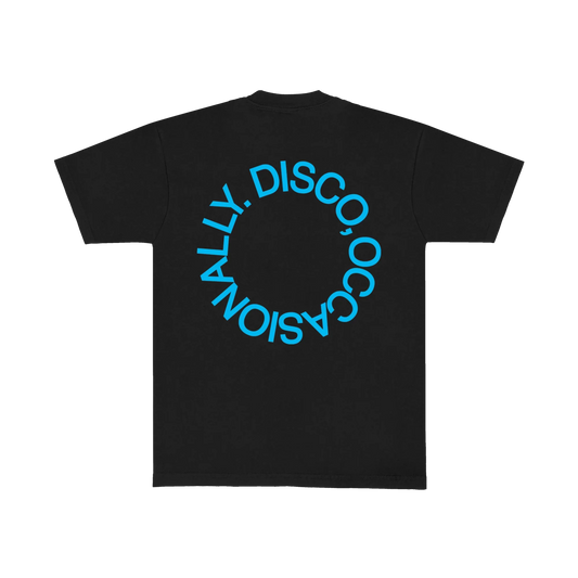 Black Harry Styles official merch tee with Disco Occasionally circular graphic in vibrant retro inspired back view