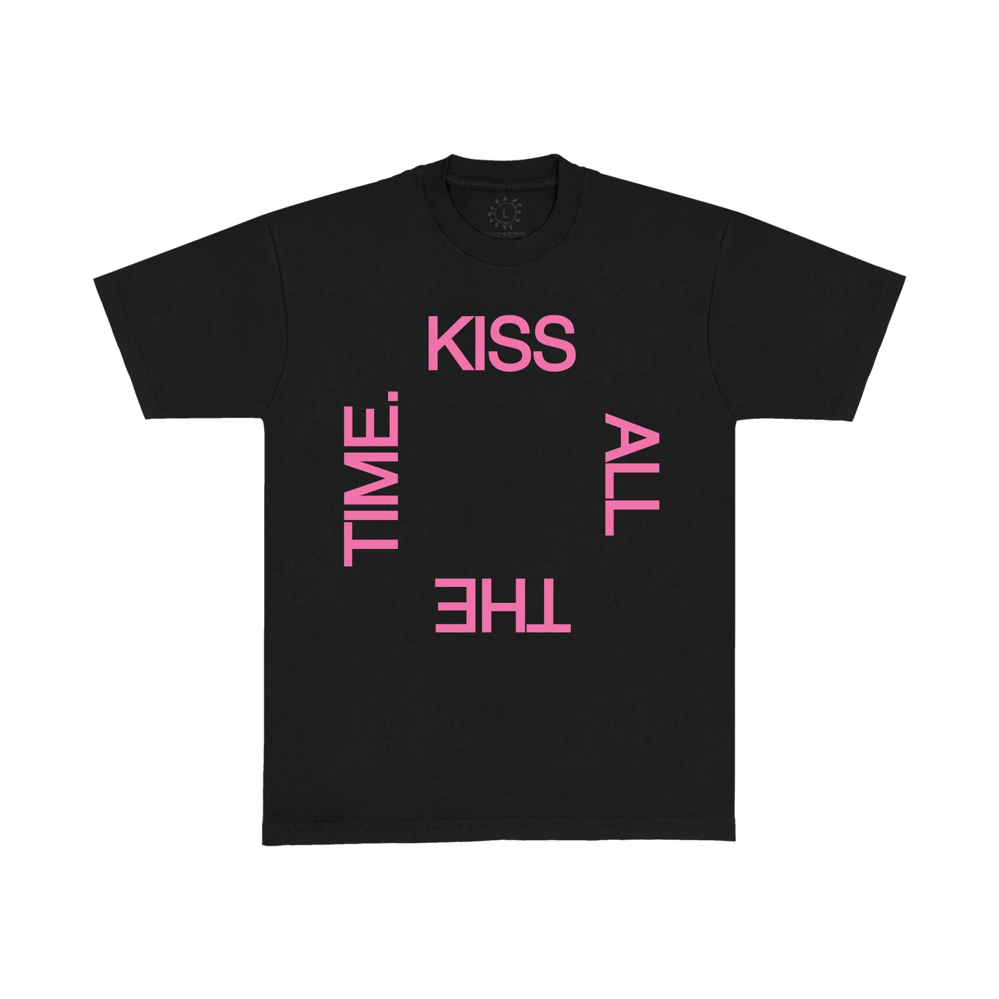 Black Harry Styles t shirt with bold Kiss All The Time typography graphic in modern pop streetwear front view
