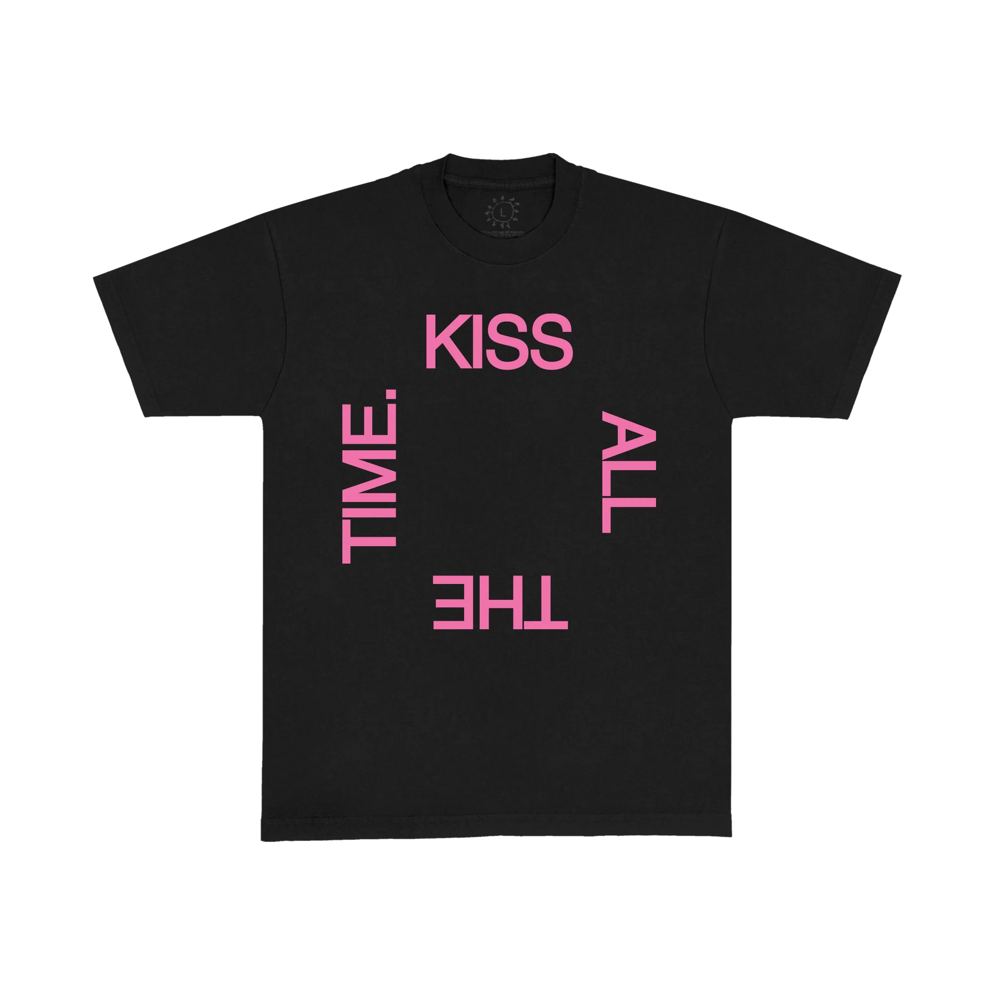 Black Harry Styles t shirt with bold Kiss All The Time typography graphic in modern pop streetwear front view