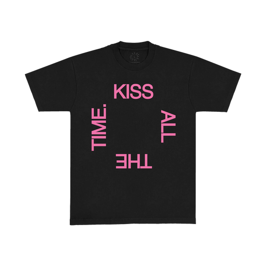 Black Harry Styles t shirt with bold Kiss All The Time typography graphic in modern pop streetwear front view