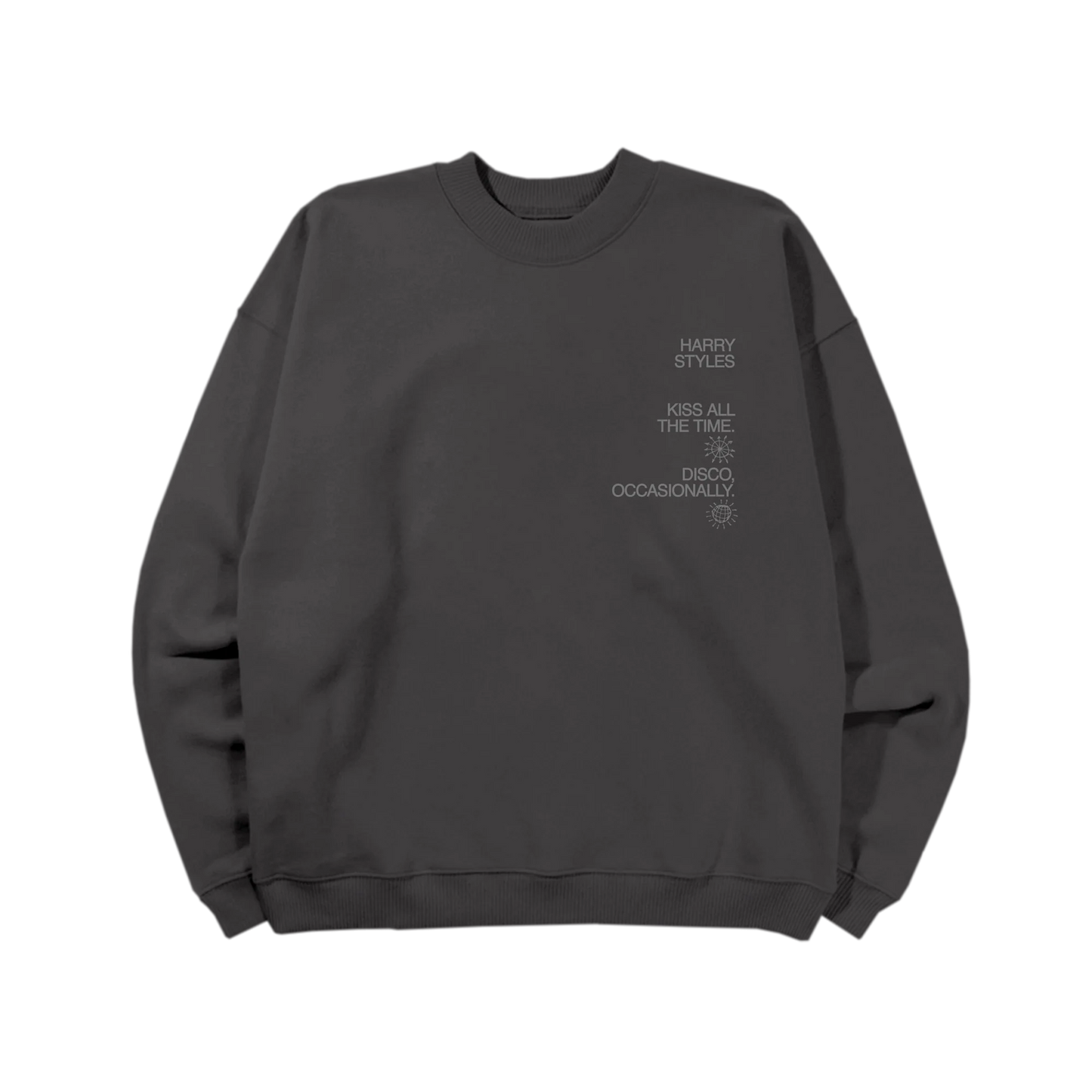 Charcoal Harry Styles crewneck with reflective Kiss All The Time Disco Occasionally graphic in luxury streetwear front view