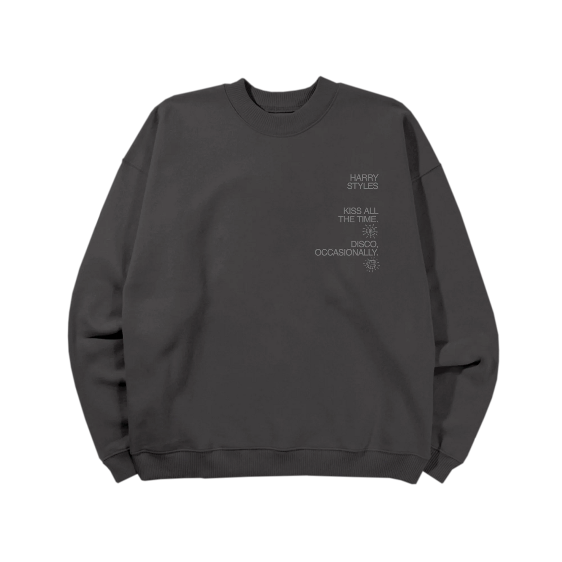 Charcoal Harry Styles crewneck with reflective Kiss All The Time Disco Occasionally graphic in luxury streetwear front view
