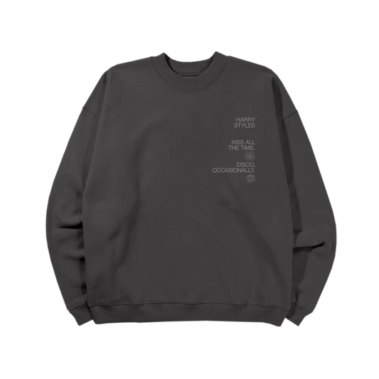 Charcoal Harry Styles crewneck with reflective Kiss All The Time Disco Occasionally graphic in luxury streetwear front view