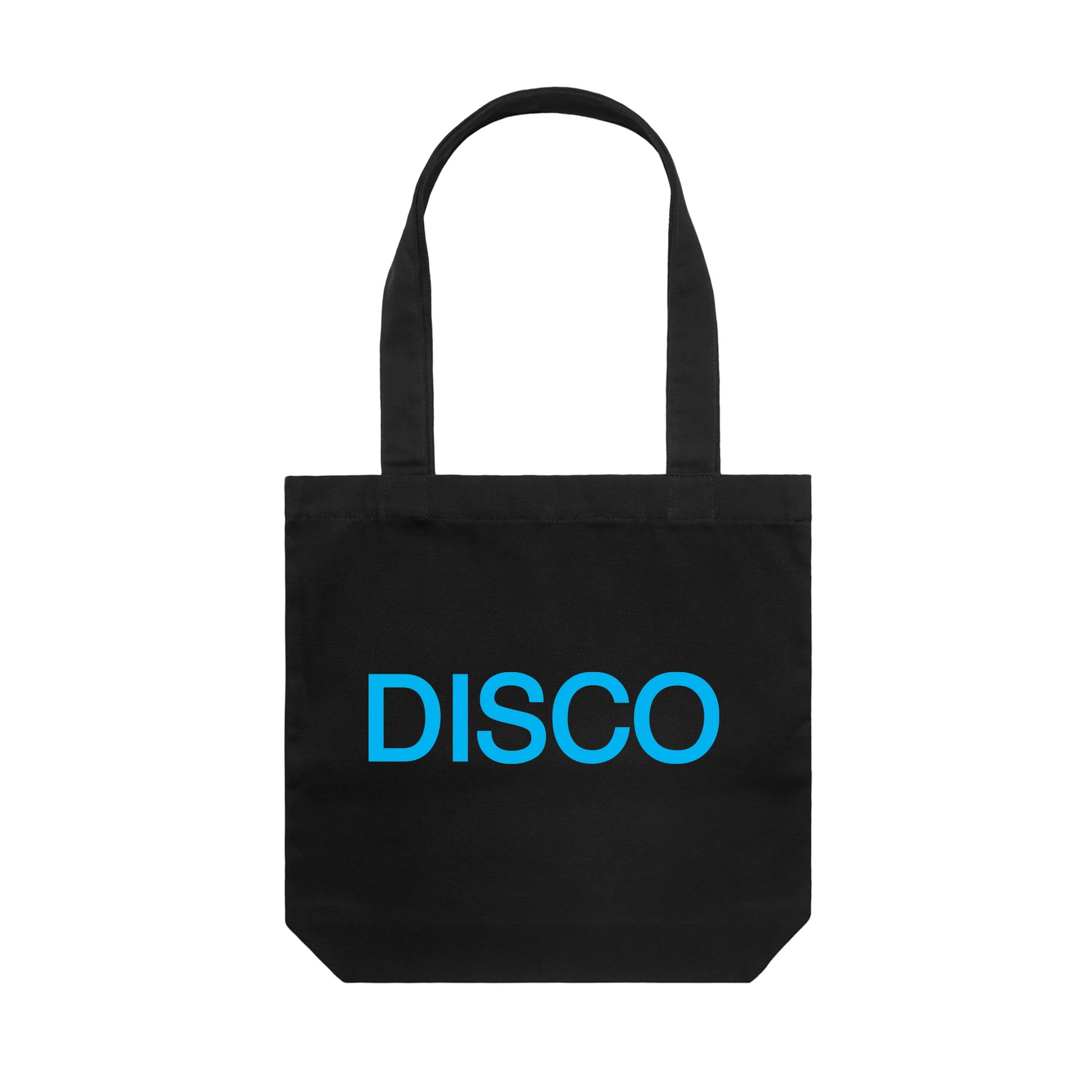 Black Harry Styles disco-inspired tote bag with bright blue disco text graphic back view