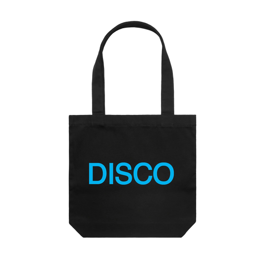 Black Harry Styles disco-inspired tote bag with bright blue disco text graphic back view