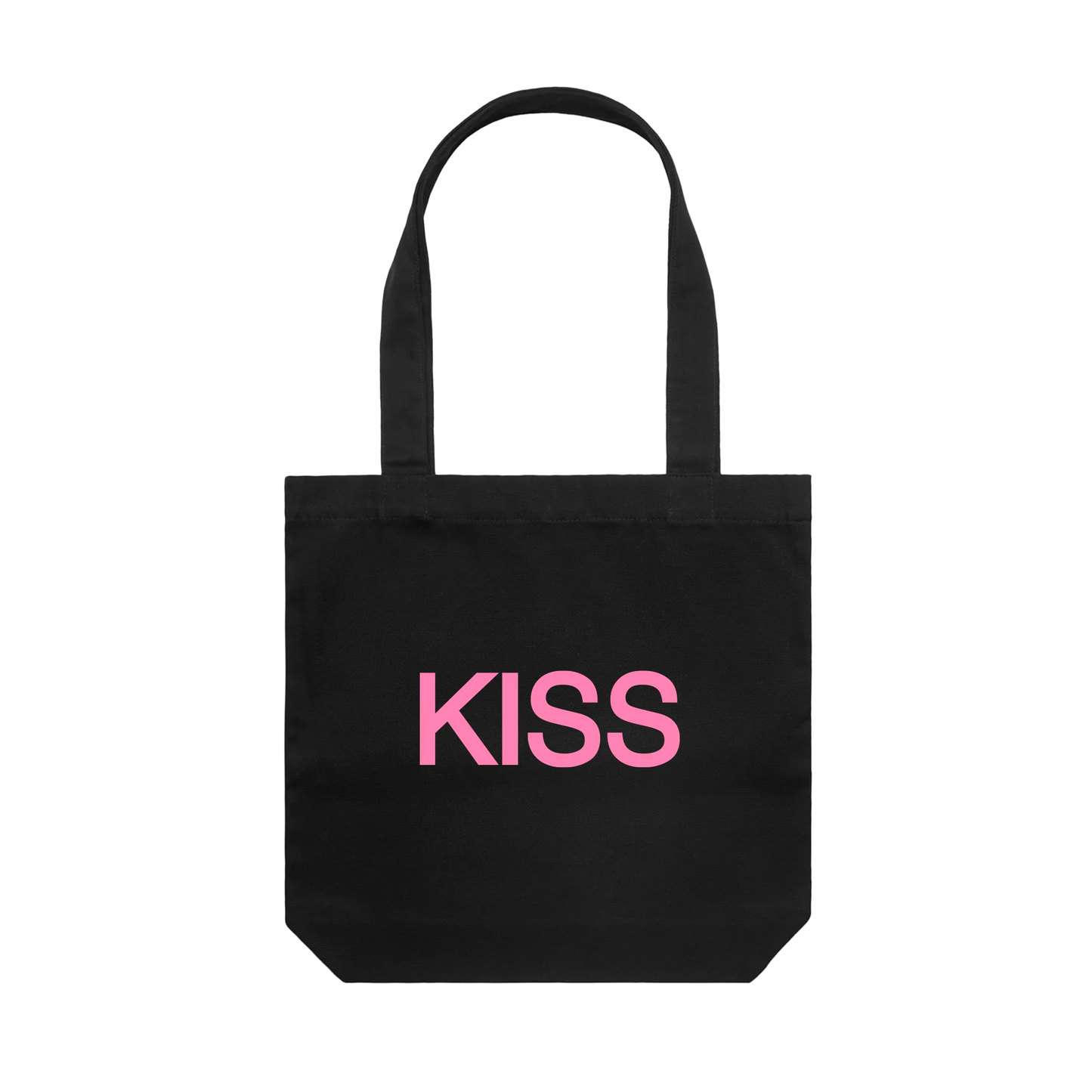 Black Harry Styles Kiss Disco tote bag with bold pink kiss graphic front view