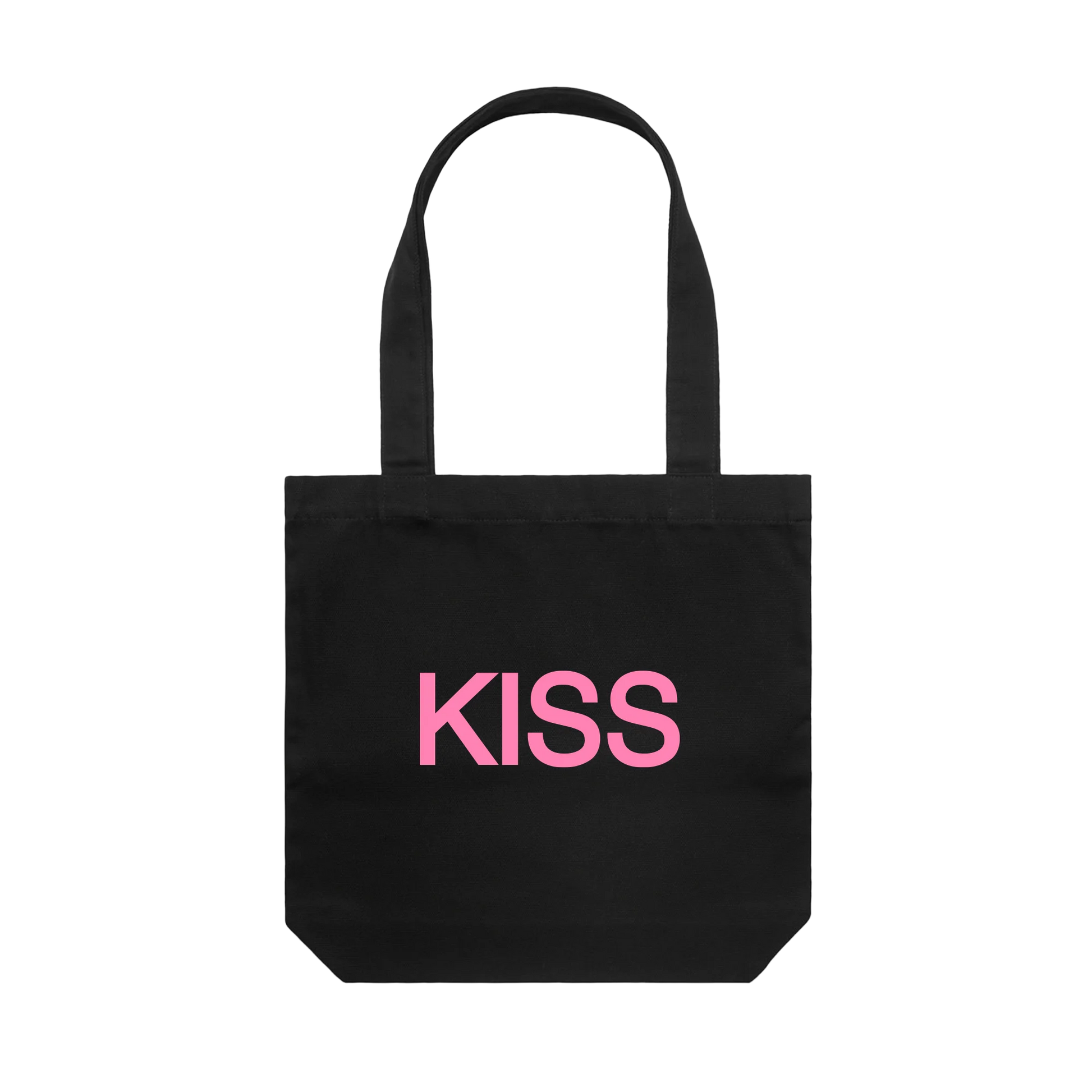 Black Harry Styles Kiss Disco tote bag with bold pink kiss graphic front view