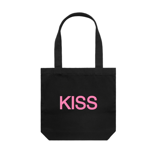 Black Harry Styles Kiss Disco tote bag with bold pink kiss graphic front view