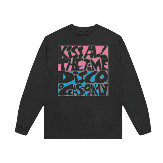 Washed black Harry Styles long sleeve tee with bold Kiss All The Time Disco Occasionally graphic front view