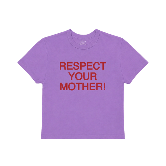 Purple Harry Styles Respect Your Mother baby tee with bold red statement text and soft fitted casual style design