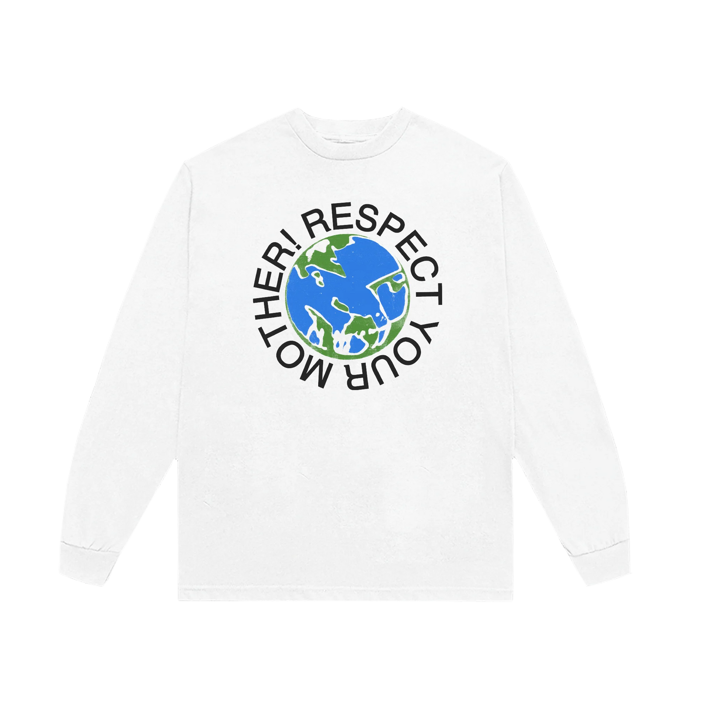White Harry Styles Respect Your Mother long sleeve shirt with blue and green Earth graphic front view