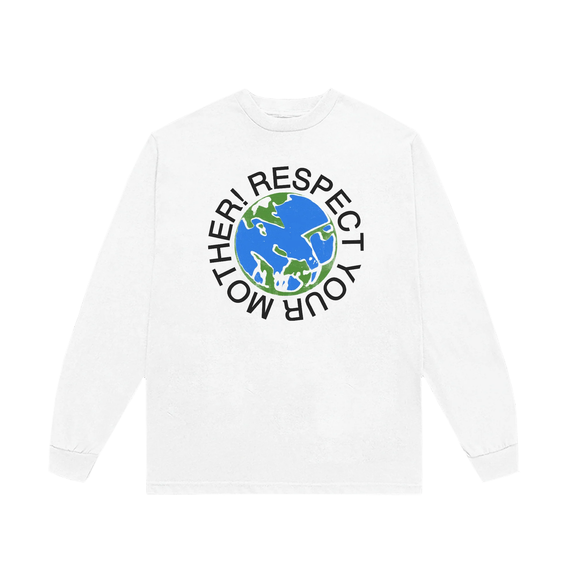 White Harry Styles Respect Your Mother long sleeve shirt with blue and green Earth graphic front view